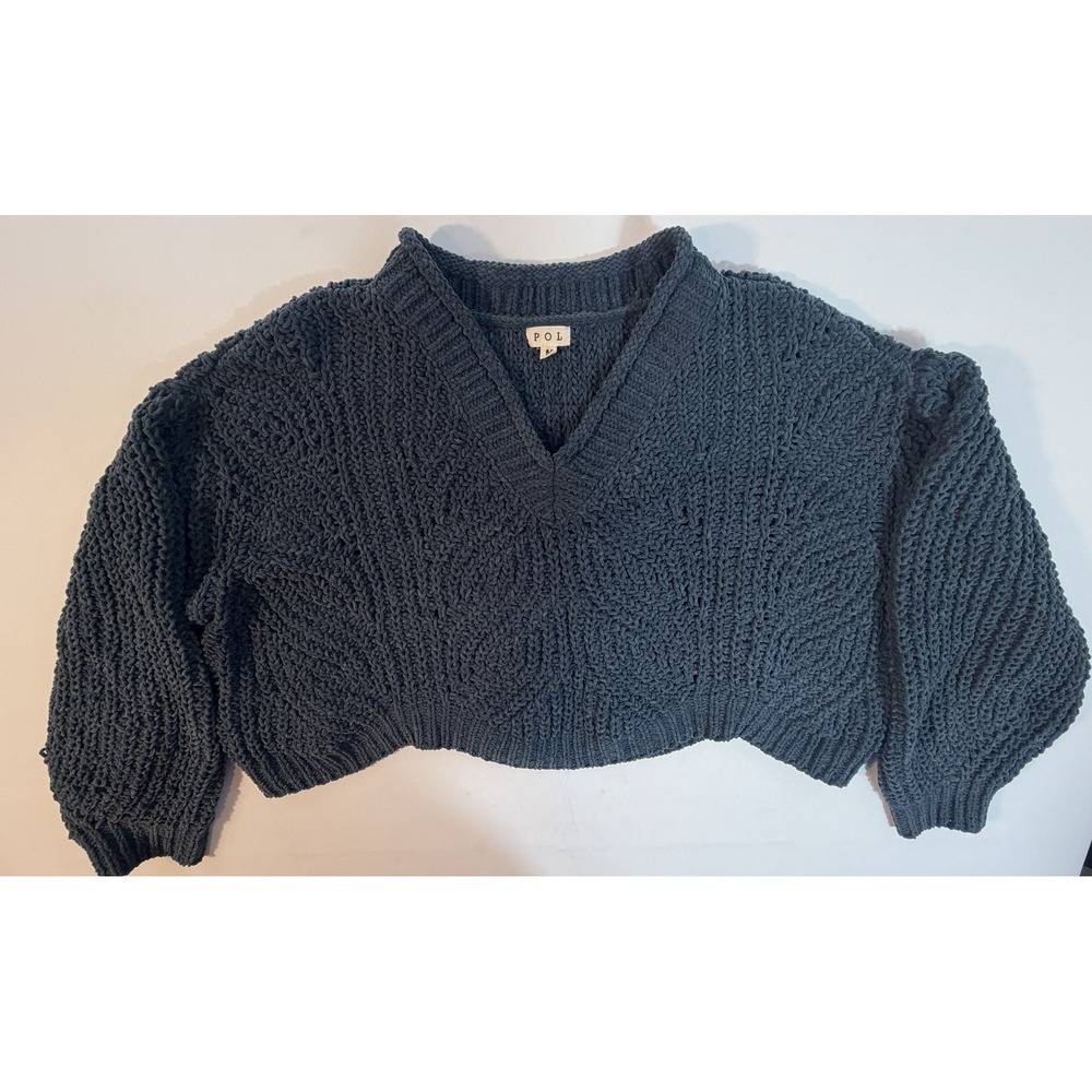 POL Cropped Chenille Sweater Womens Medium Blue Excellent V-Neck Split Back Knit